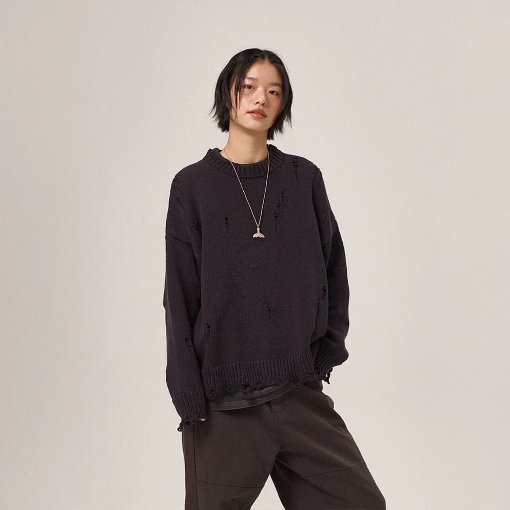 Ripsy Vintage Damaged Round Knit Dark Navy