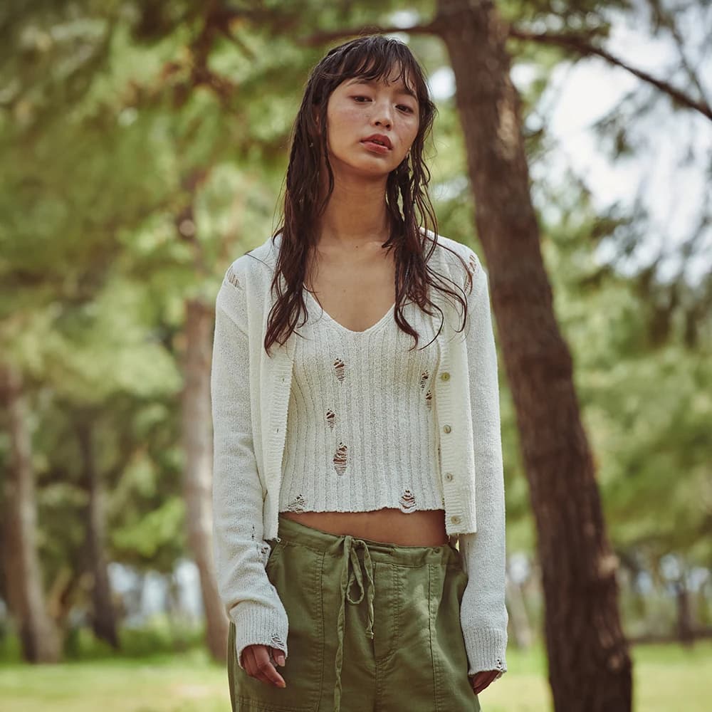 Bask Damaged Cardigan/Sleeveless Set Ivory