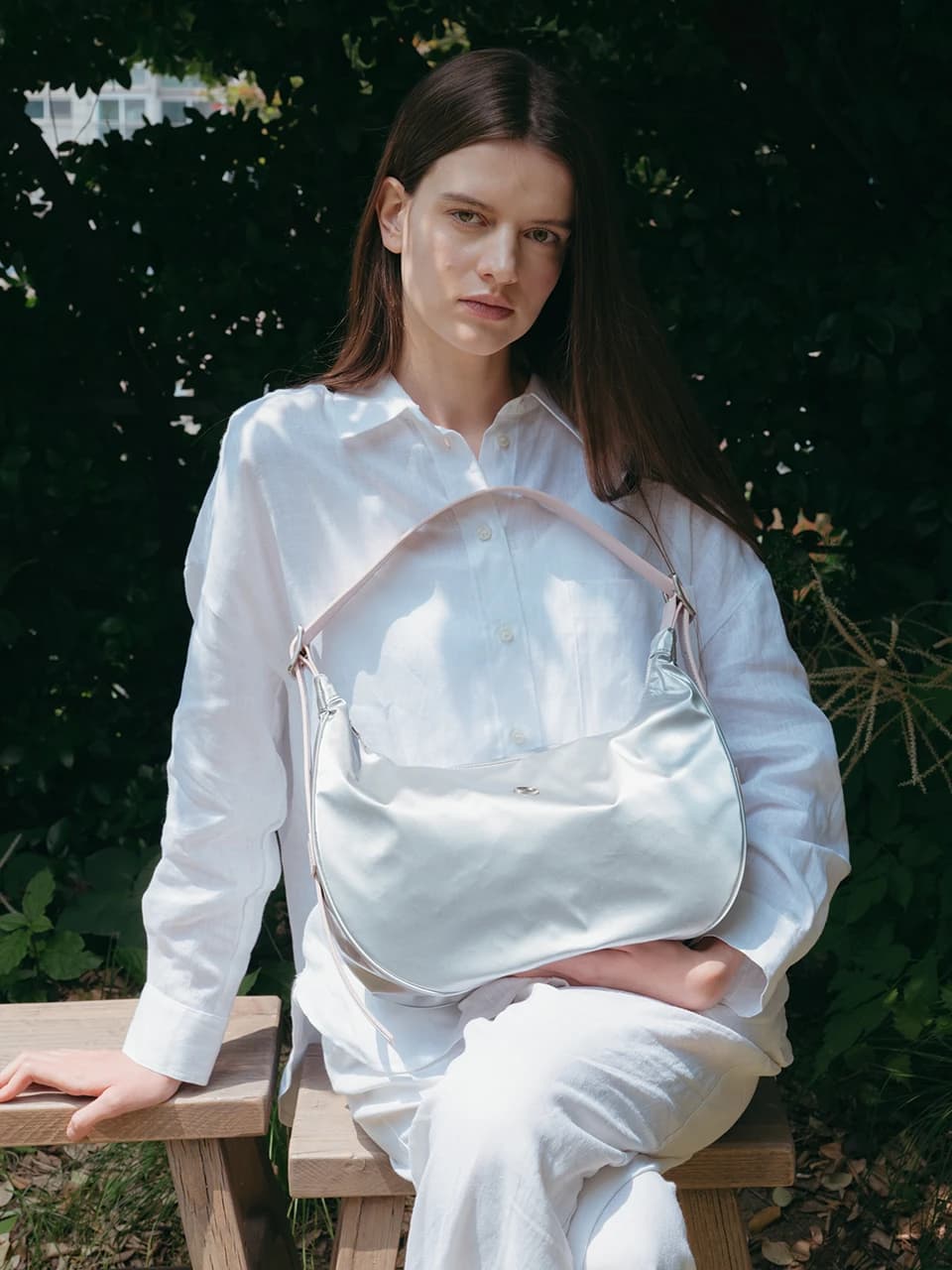 Classic button half moon nylon bag Silver