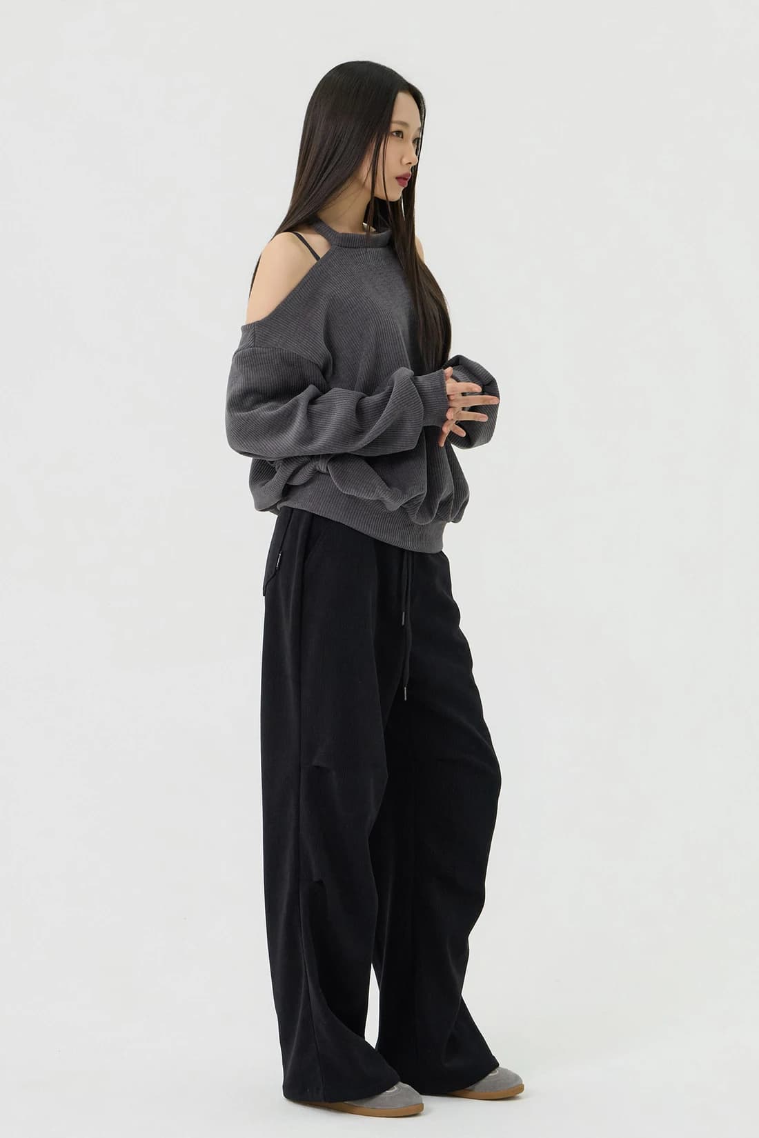 タック ノンウエスト ローライズパンツ - Black