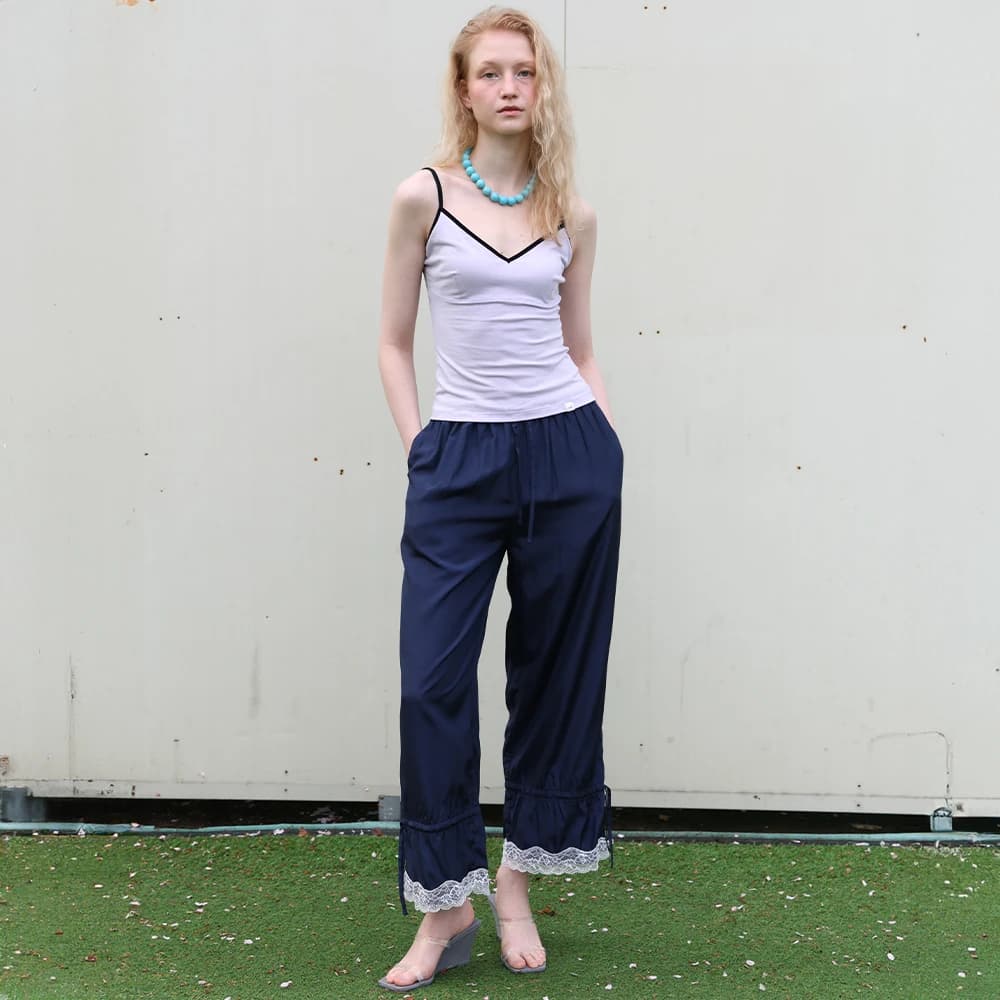 Lace Drawstring Two-way Pants - Navy