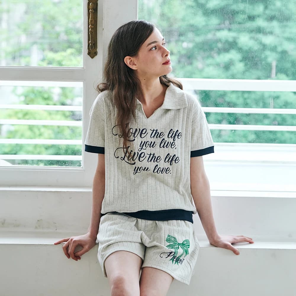 MET summer knit collar T-shirt Oatmeal
