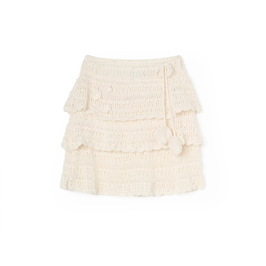 Pom Pom Flower Tiered Knit Skirt (Cream)