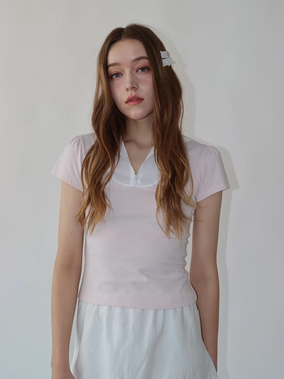 Lace zip collar Half puff T-shirt (pink)