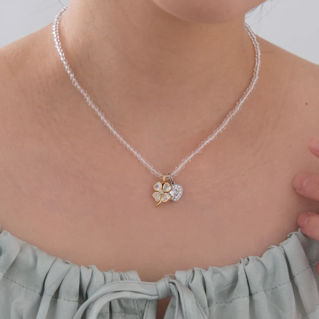 [Silver925] Bukoleon Clover & Moika Heart Beads Necklace