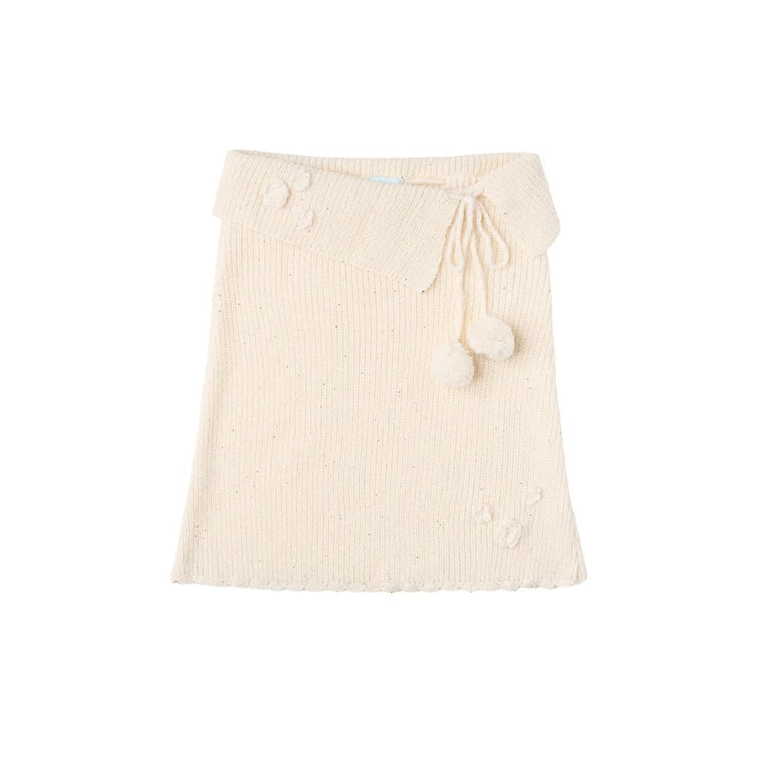 Pom Pom Flower Knit Poncho (Cream)