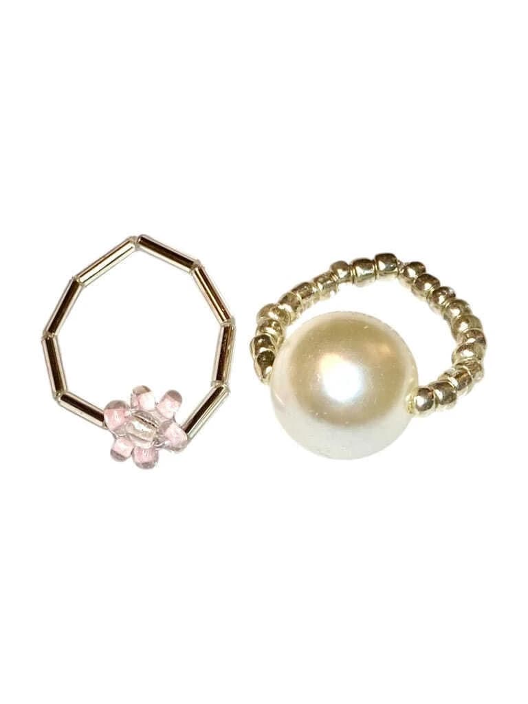 Flower & Big Pearl Beaded Ring Set (Silver)