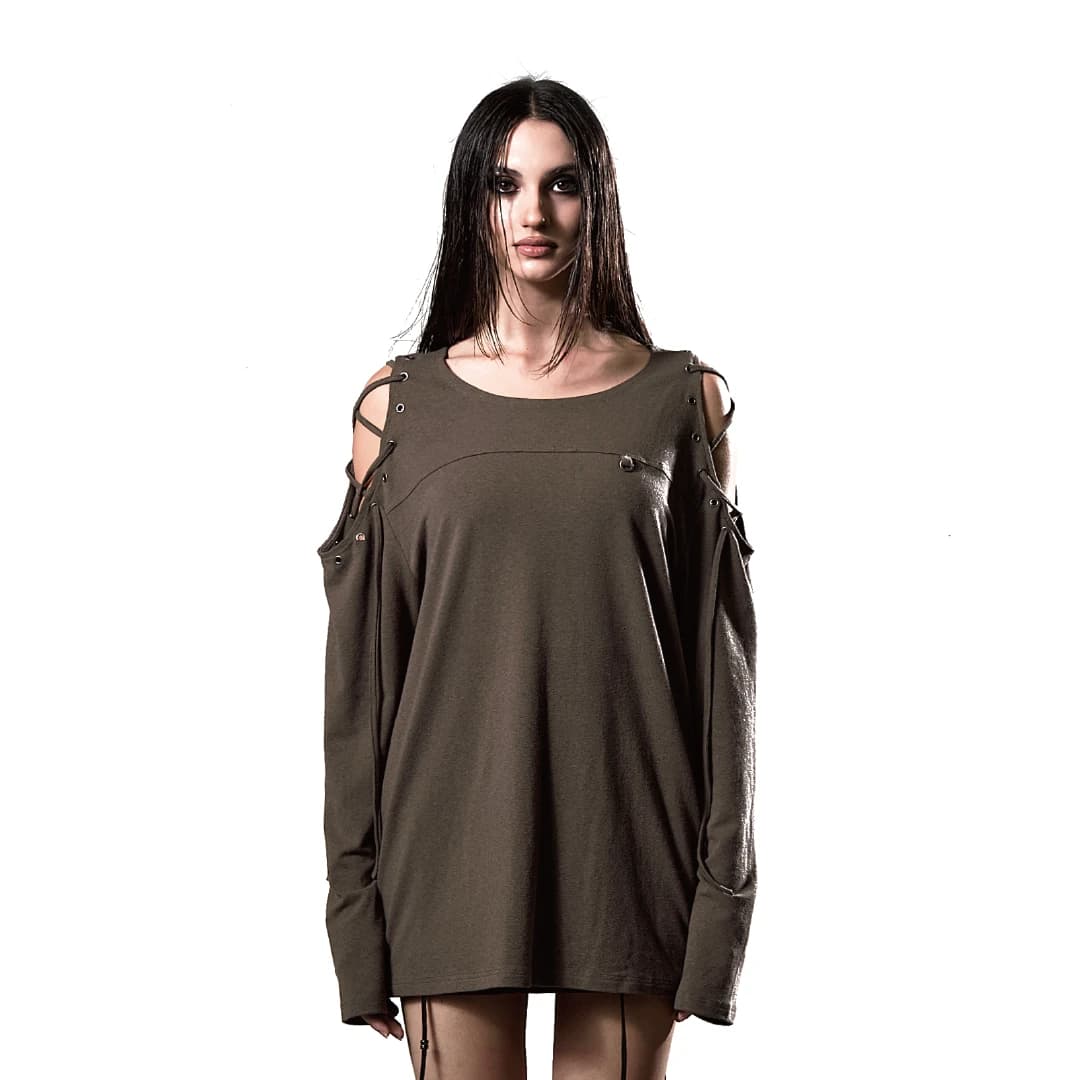 CUT-OUT LACED EYELET LONGSLEEVE TOP KHAKI
