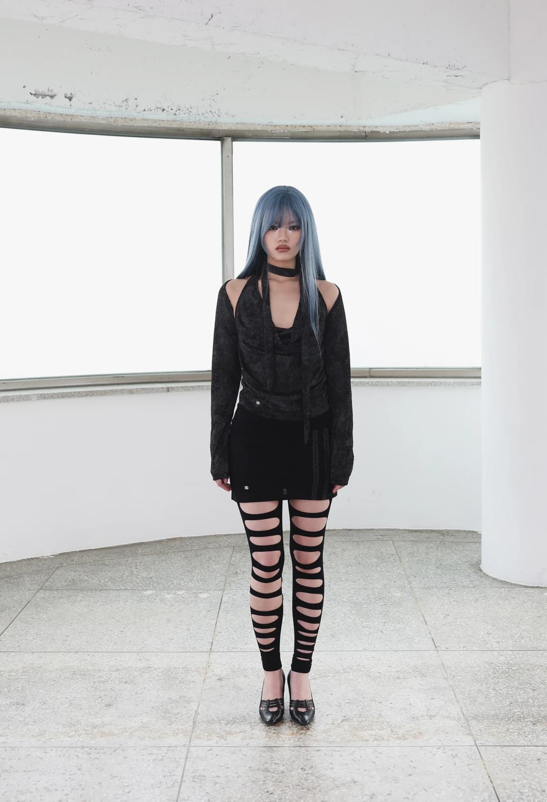 [ID] Distressed Halter Top & Bolero Set (Dark gray)