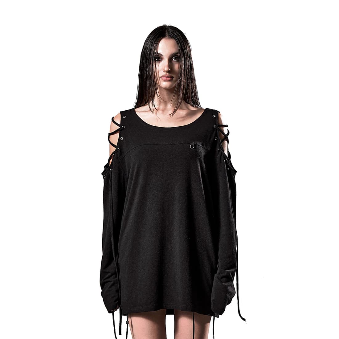 CUT-OUT LACED EYELET LONGSLEEVE TOP BLACK