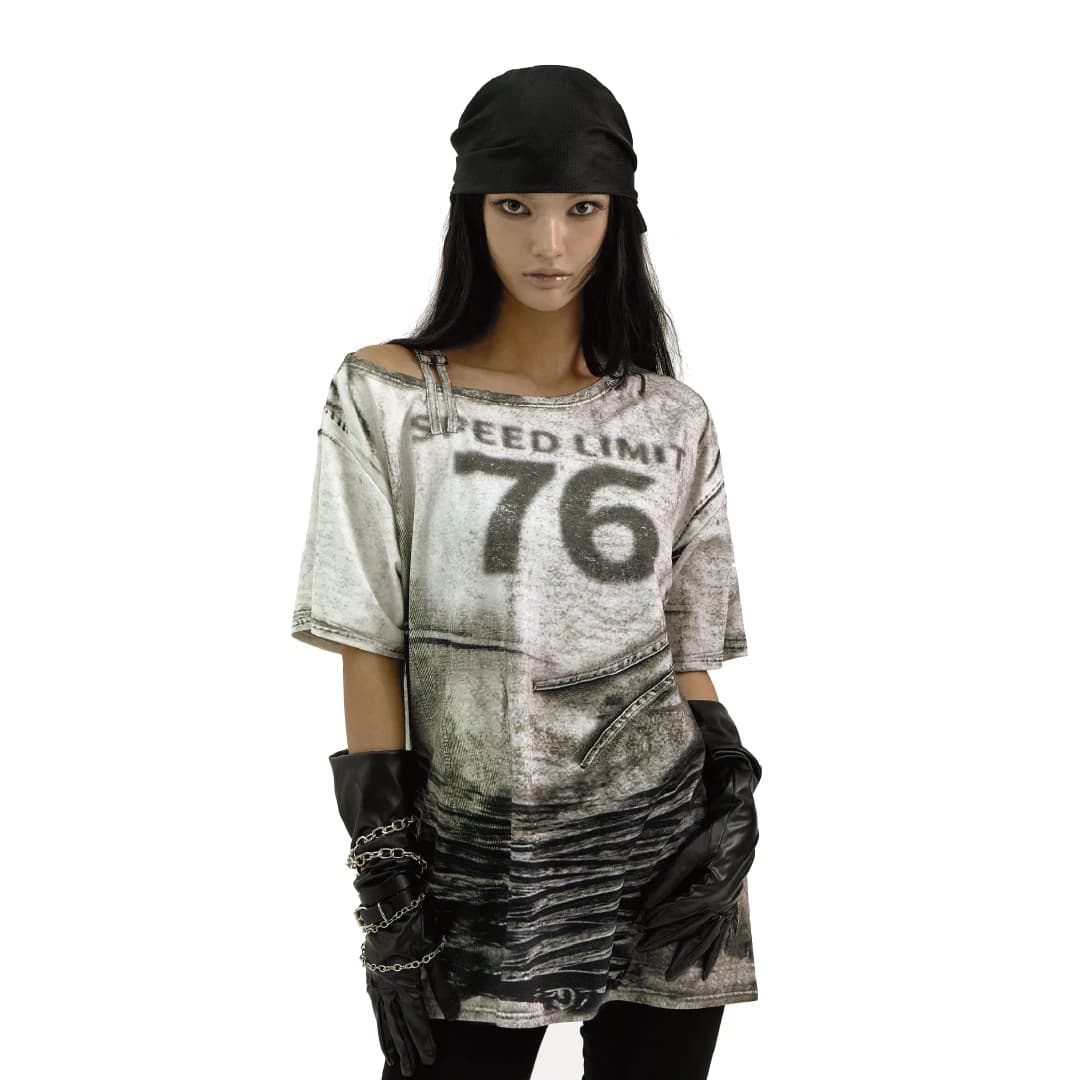 DIRTY PRINTING ONE-SHOULDER JERSEY TOP