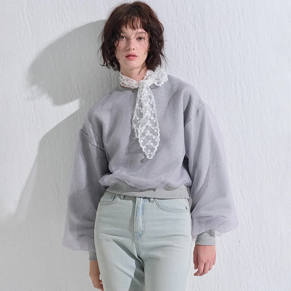 ORGANZA SHIRRING SWEATSHIRT GRAY