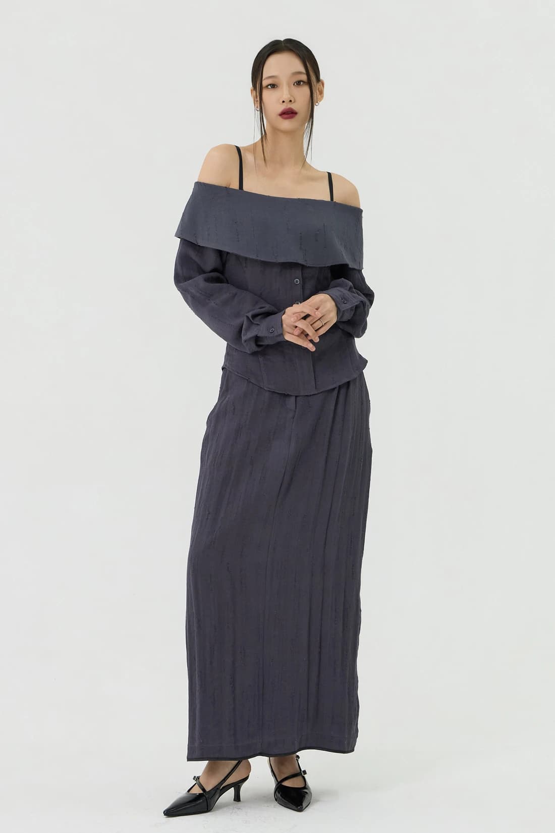 スクラッチ ローライズ ロングスカート - Charcoal