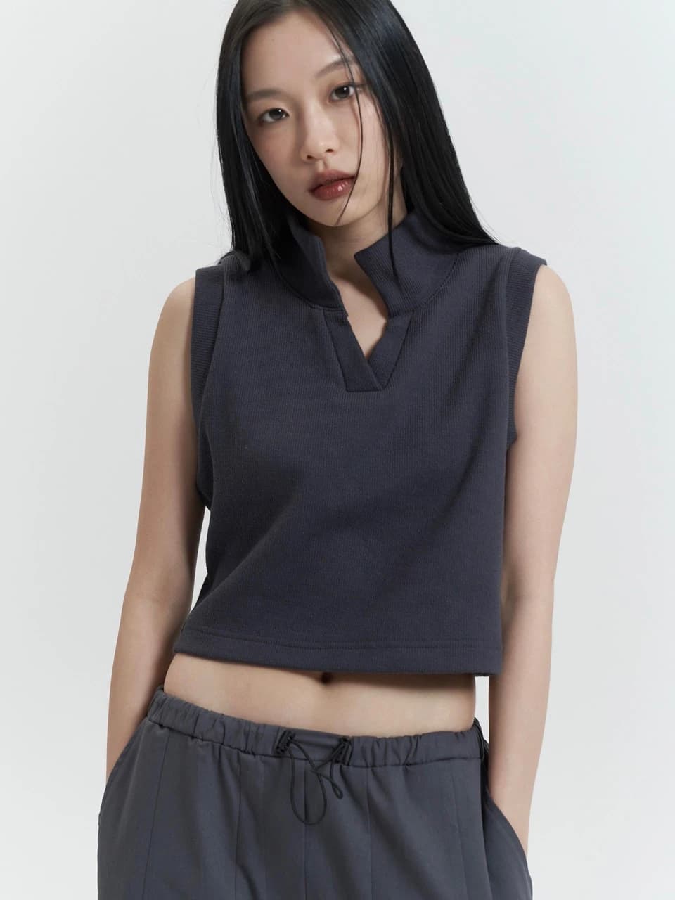 スリーブレス カラーベスト - Charcoal