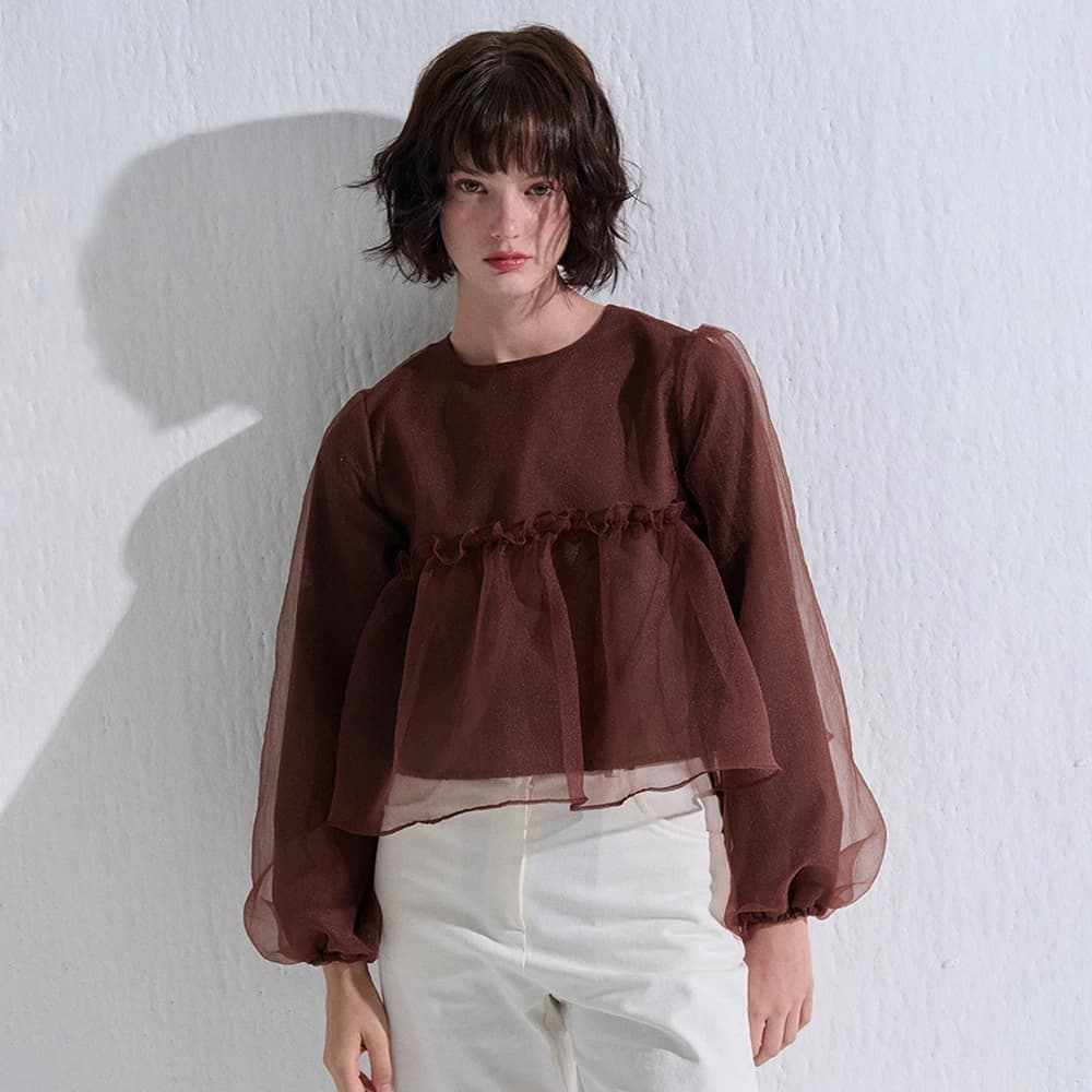 ORGANZA SHIRRING BLOUSE BROWN
