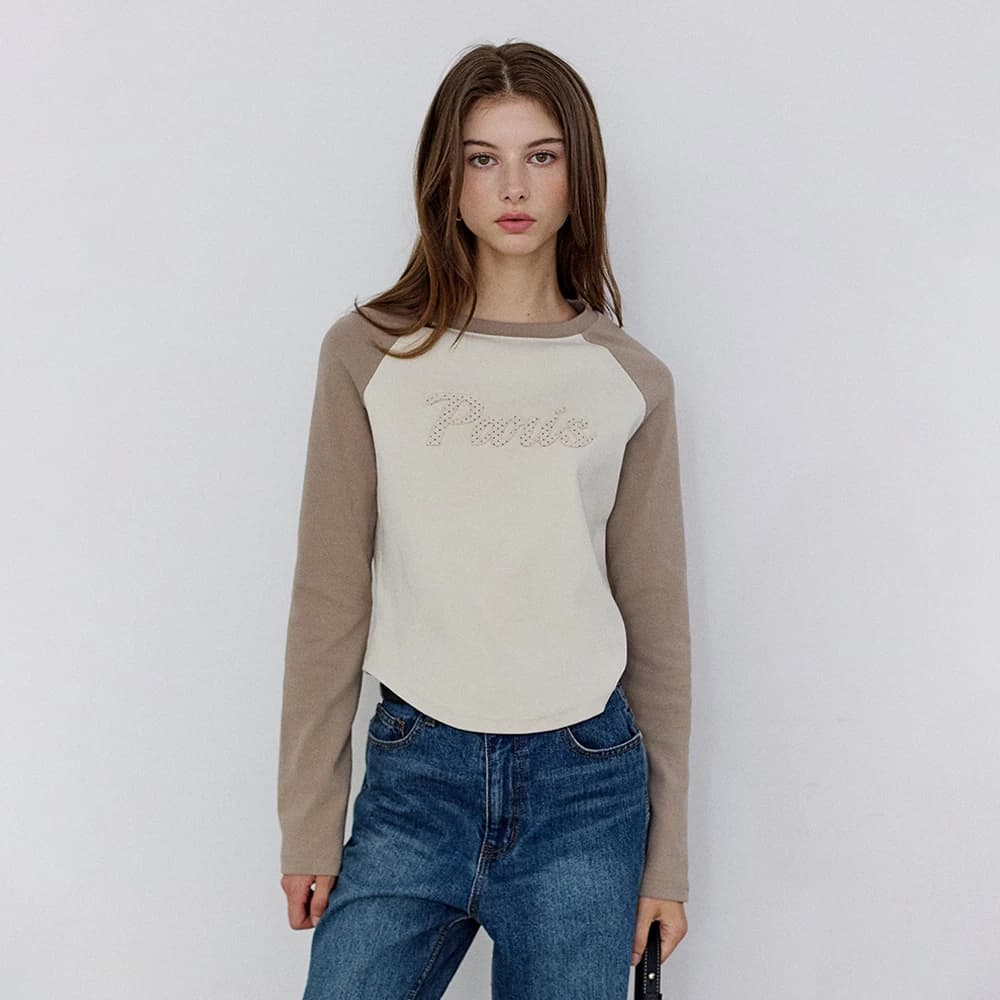 パリレタリングラグランロングスリーブTシャツ - Mocha beige