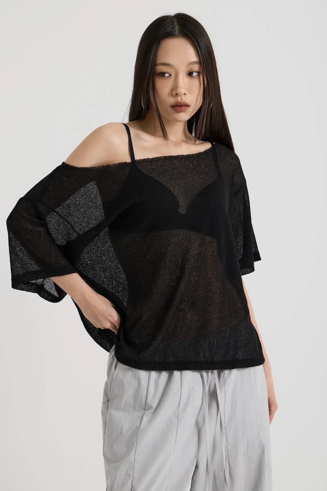 ニット ワンショルダートップ - Black