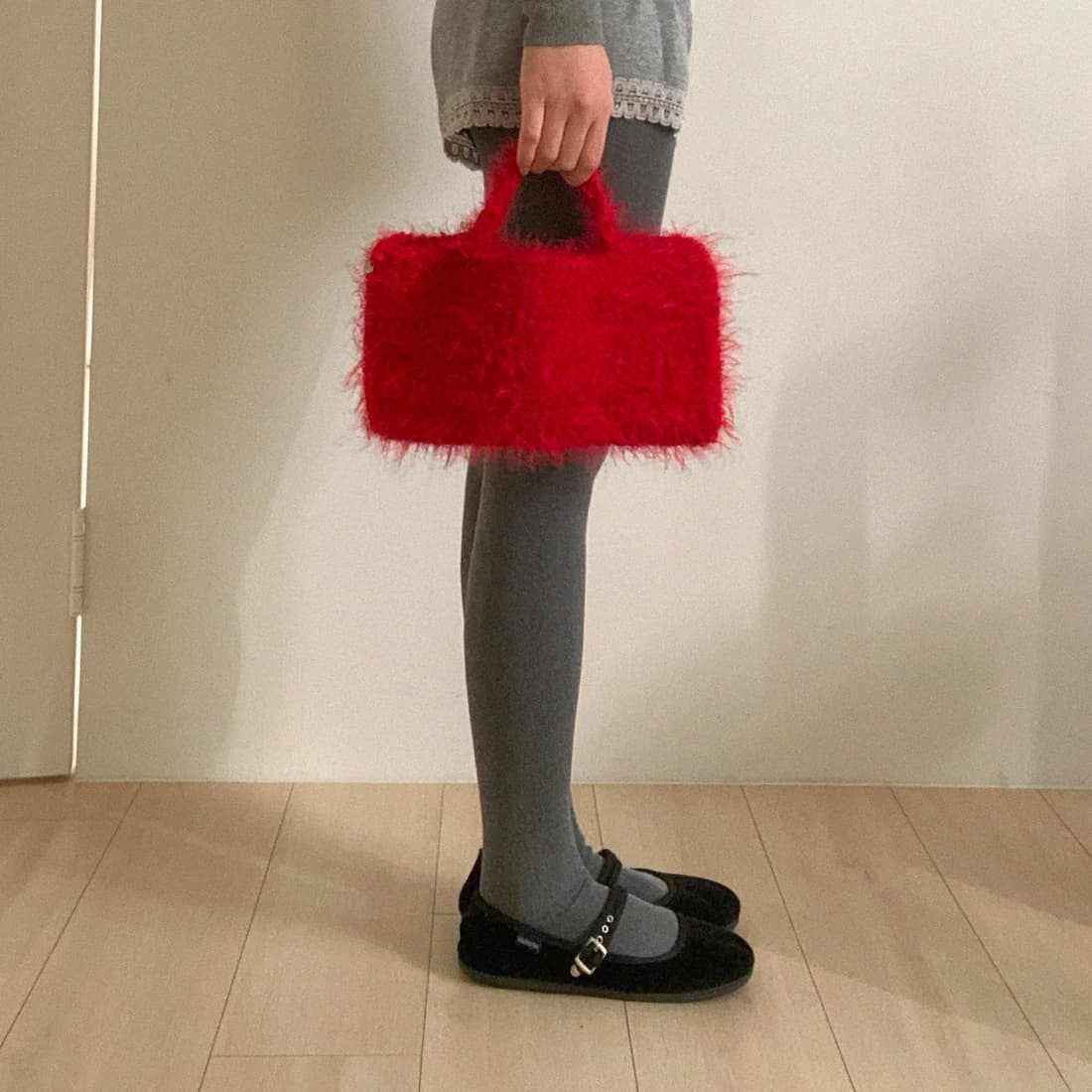 cherry red hairy knit bag