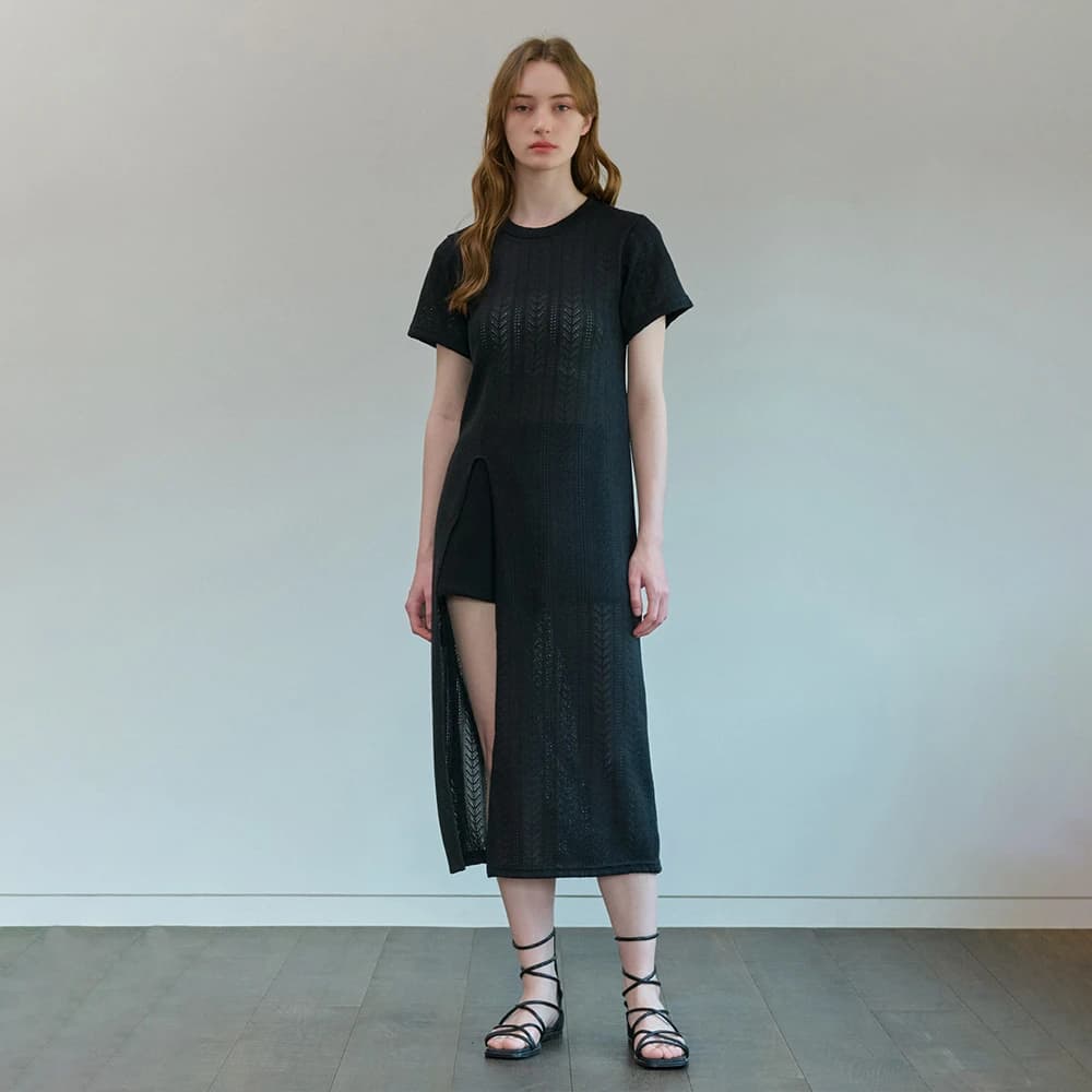 SLIT SUMMER LACE LONG KNIT ONE PIECE BLACK