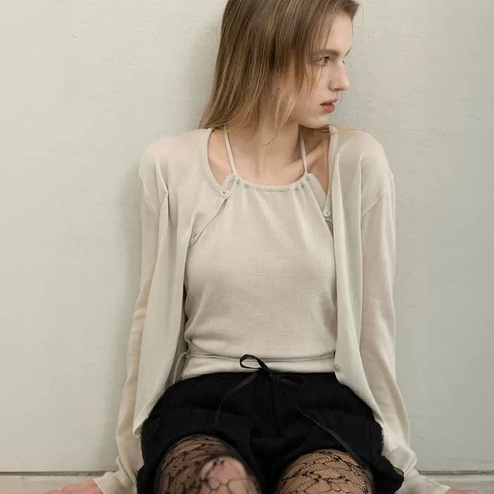 Halter Top Layered Cardigan Set - Beige