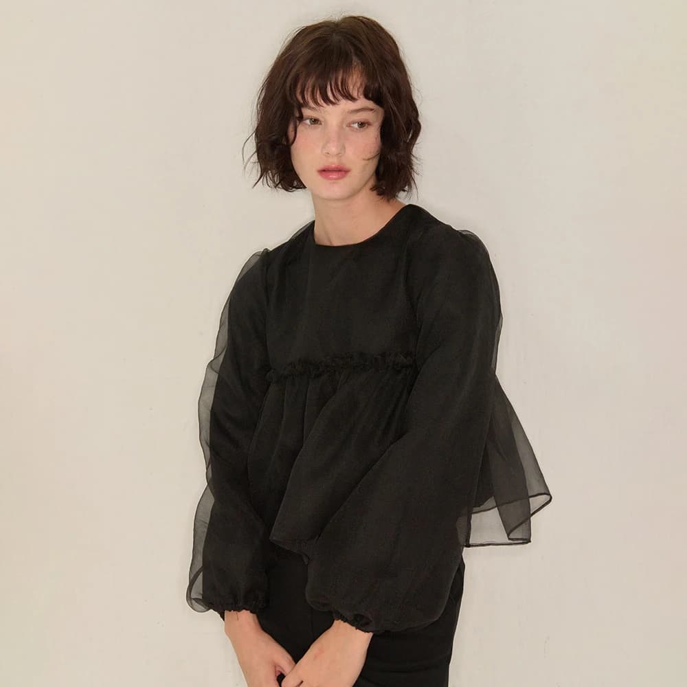 ORGANZA SHIRRING BLOUSE BLACK
