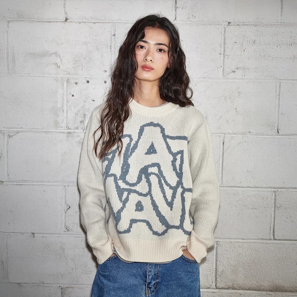 Ryef Wool Lettering Round Knit Oat Beige