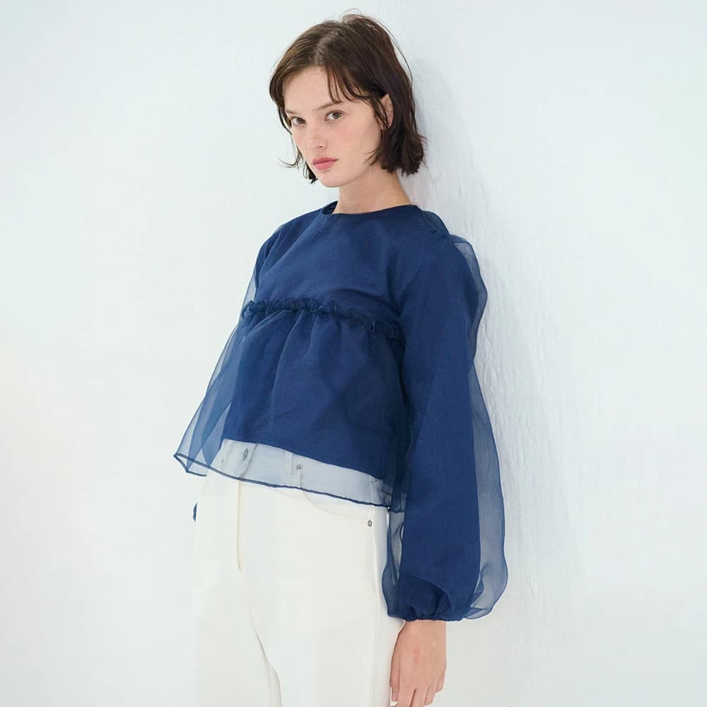 ORGANZA SHIRRING BLOUSE NAVY