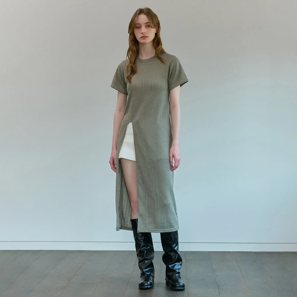 SLIT SUMMER LACE LONG KNIT ONE PIECE KHAKI