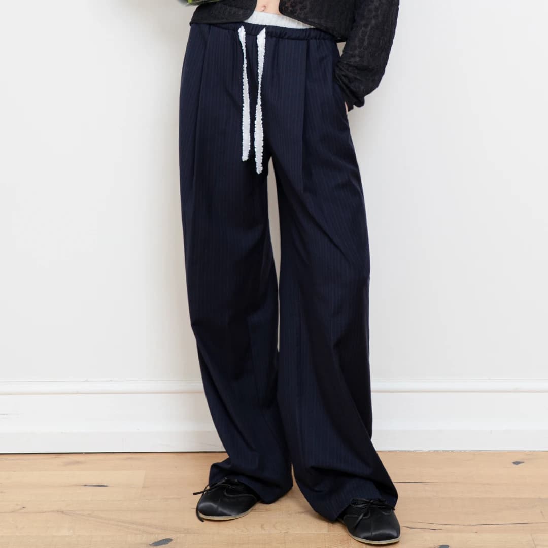 LACE DOUBLE BANDING STRIPE PANTS NAVY
