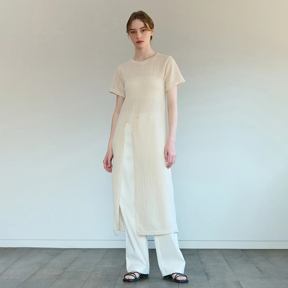 SLIT SUMMER LACE LONG KNIT ONE PIECE CREAM