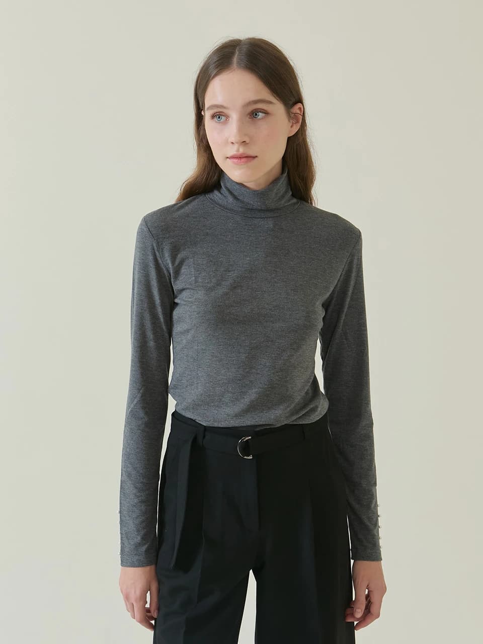 Soft Pearl Turtle Neck Knit Top _ Charcole