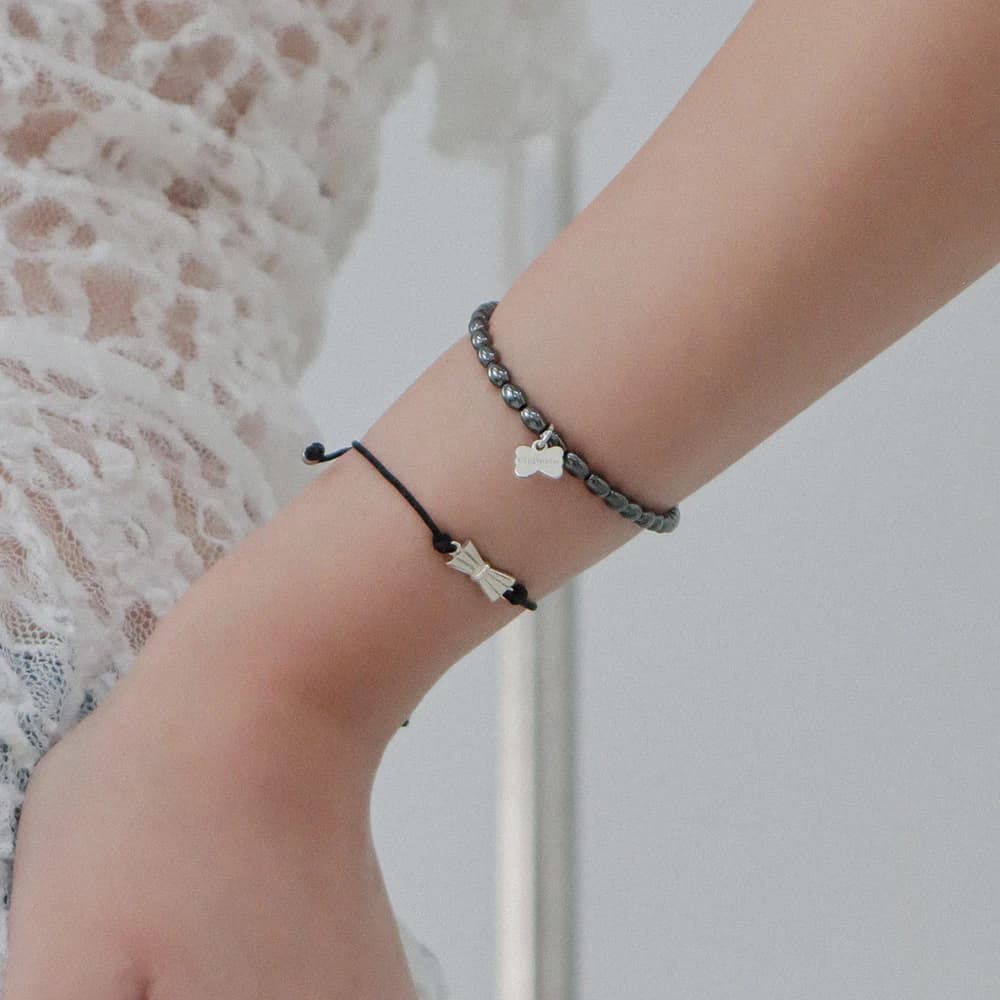Hematite Bow Charm Bracelet