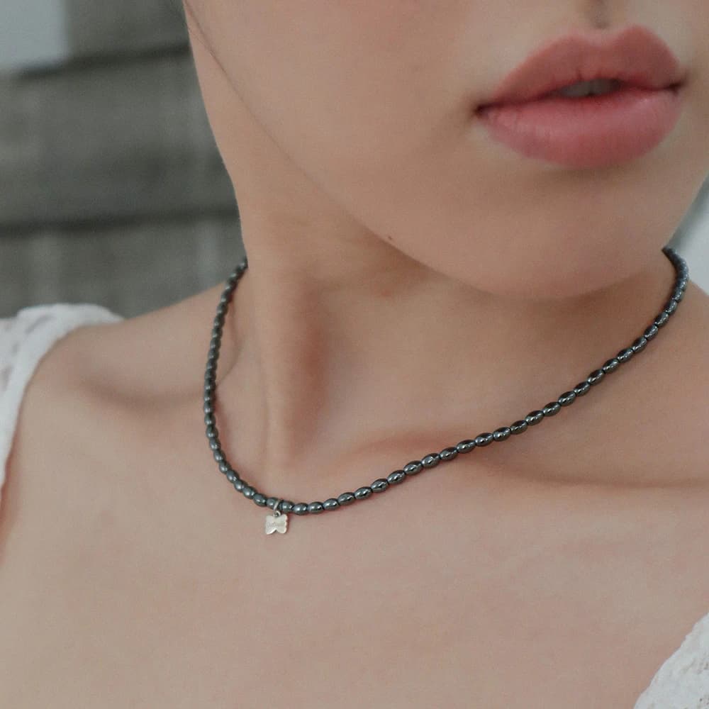 Hematite Bow Charm Necklace