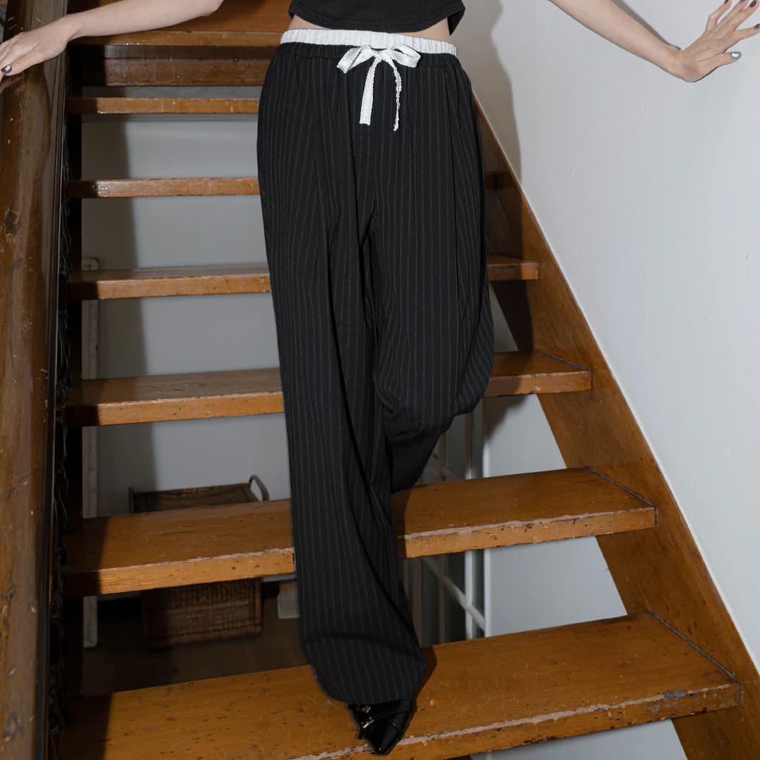 LACE DOUBLE BANDING STRIPE PANTS BLACK