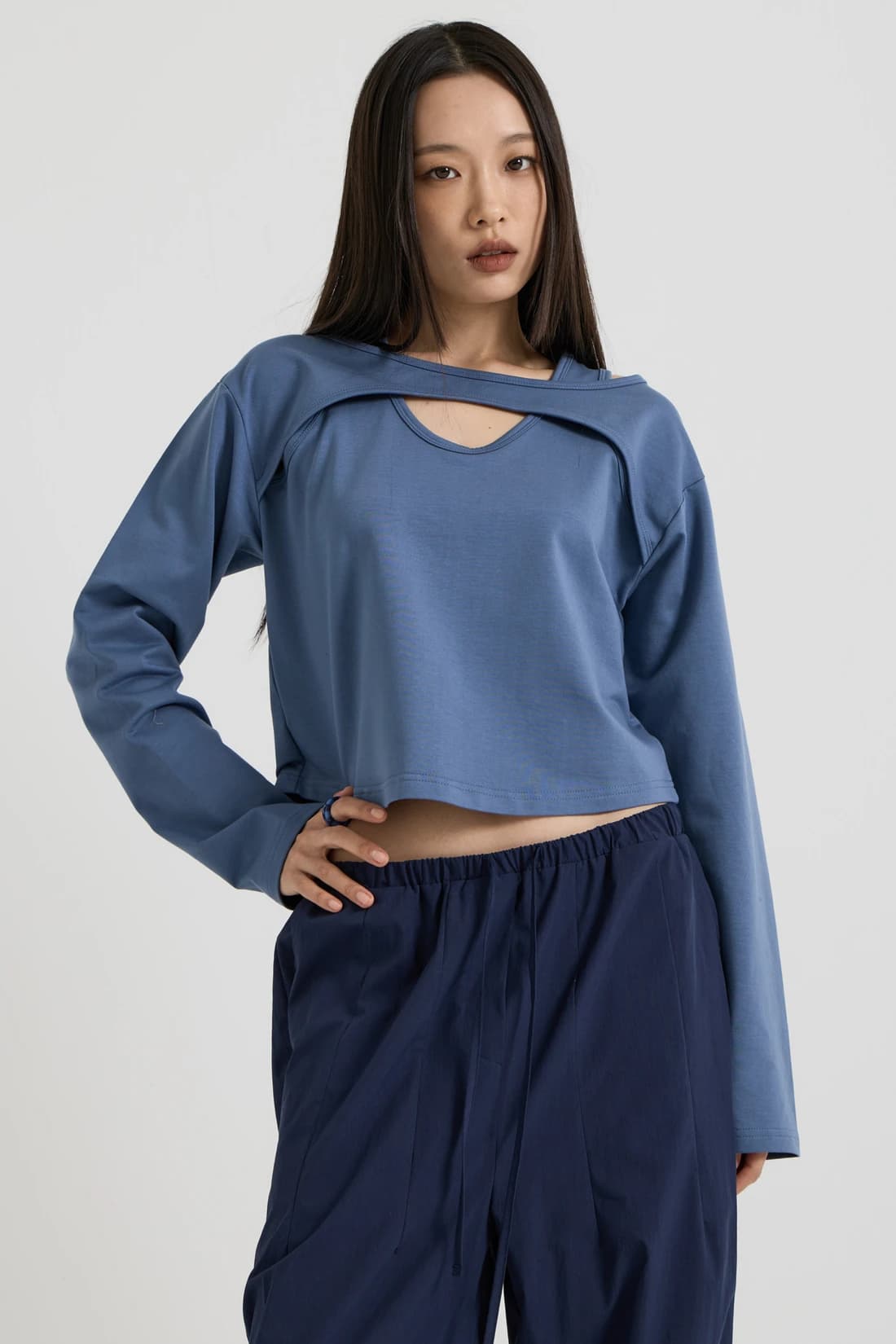 コットン レイヤード ロングスリーブTシャツ - Navy