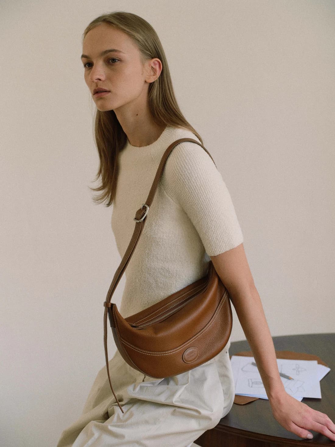 Soft leather half moon cross bag Camel