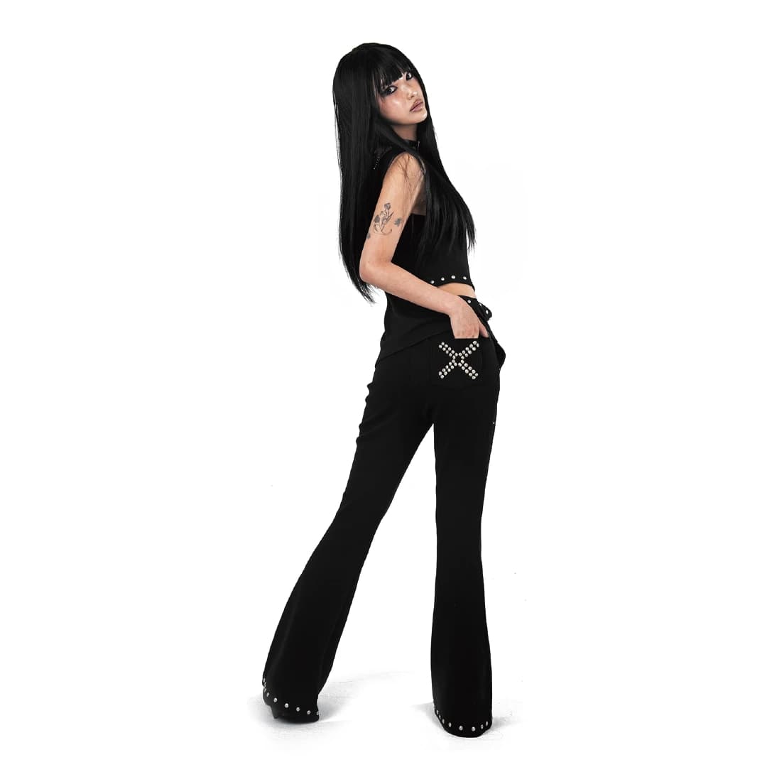 X STUD BOOTS CUT SWEAT PANTS BLACK