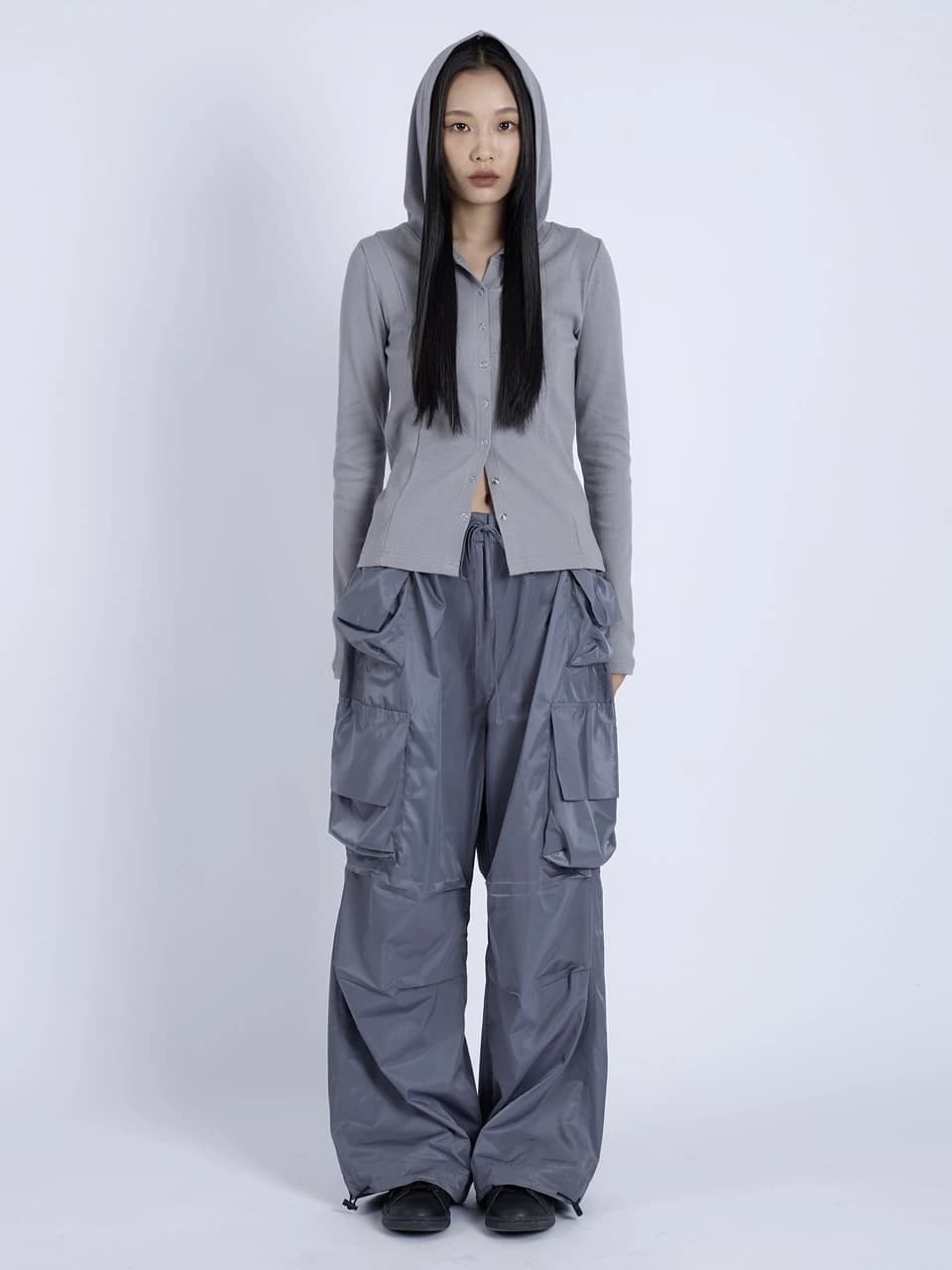 サテン マルチポケット カーゴパンツ - Gray