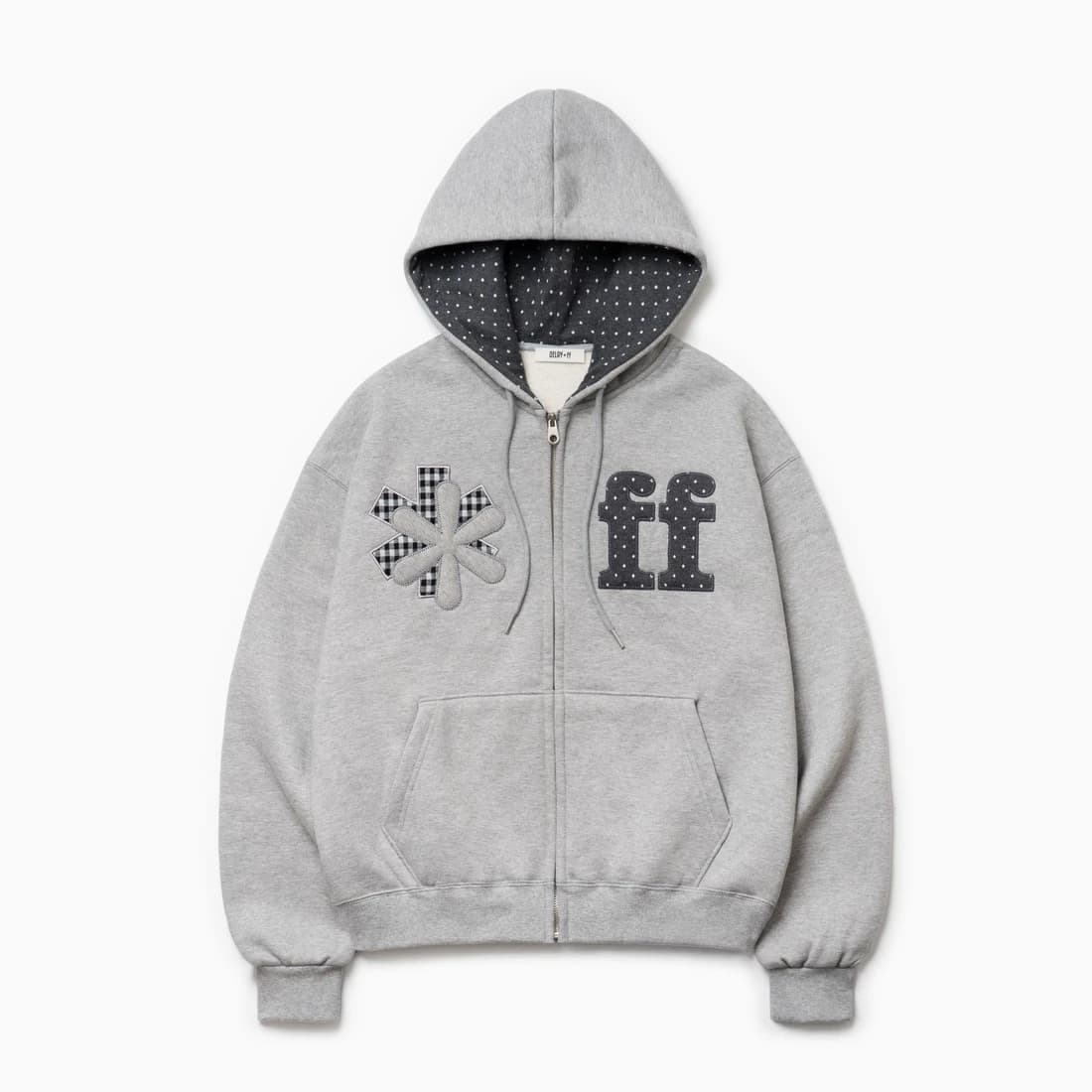 PATCHWORK APPLIQUE HOOD ZIP-UP GRAY