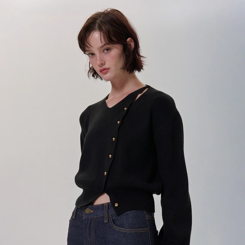 CUTTING V NECK KNIT CARDIGAN BLACK