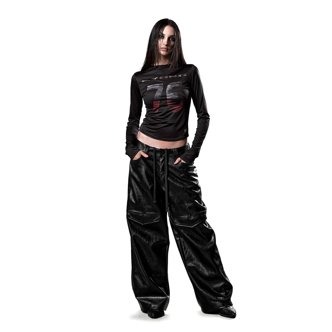 DOUBLE-LOOP FLAP POCKET LEATHER PANTS BLACK