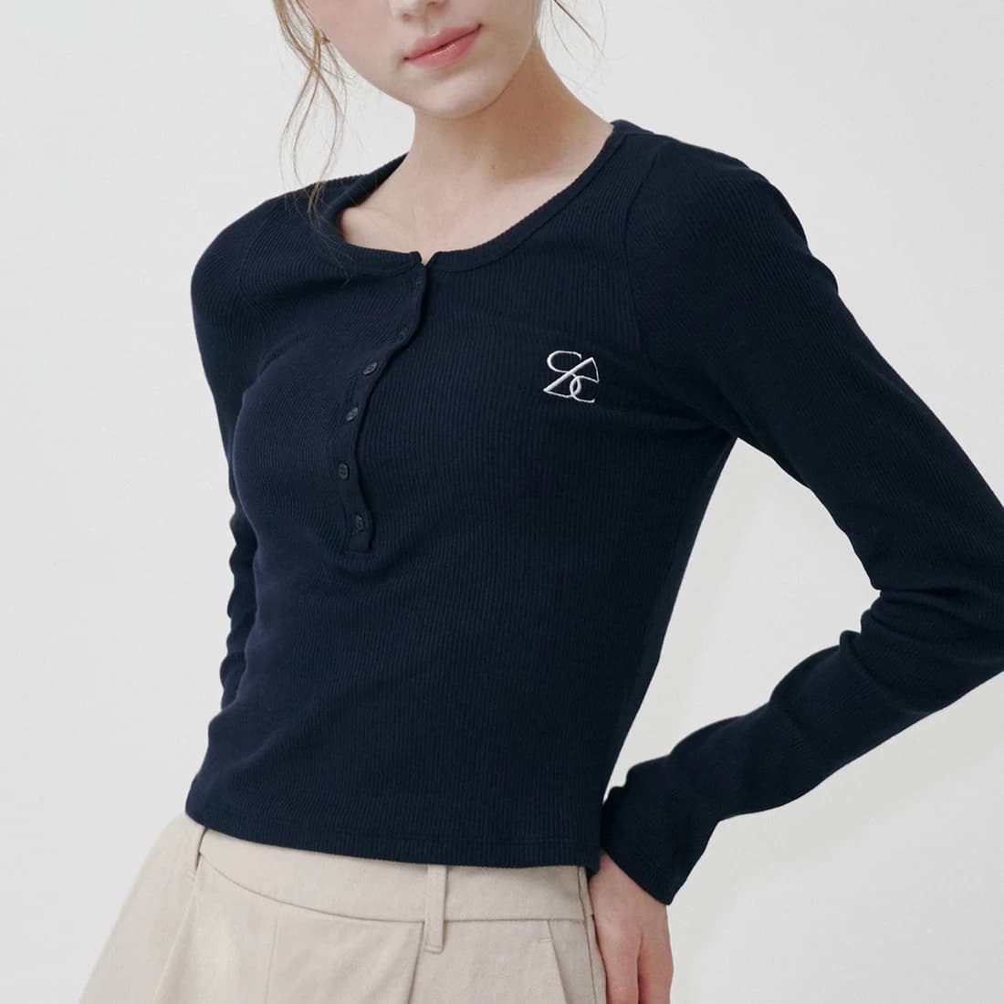 ヘンリーネック 長袖Tシャツ - Navy