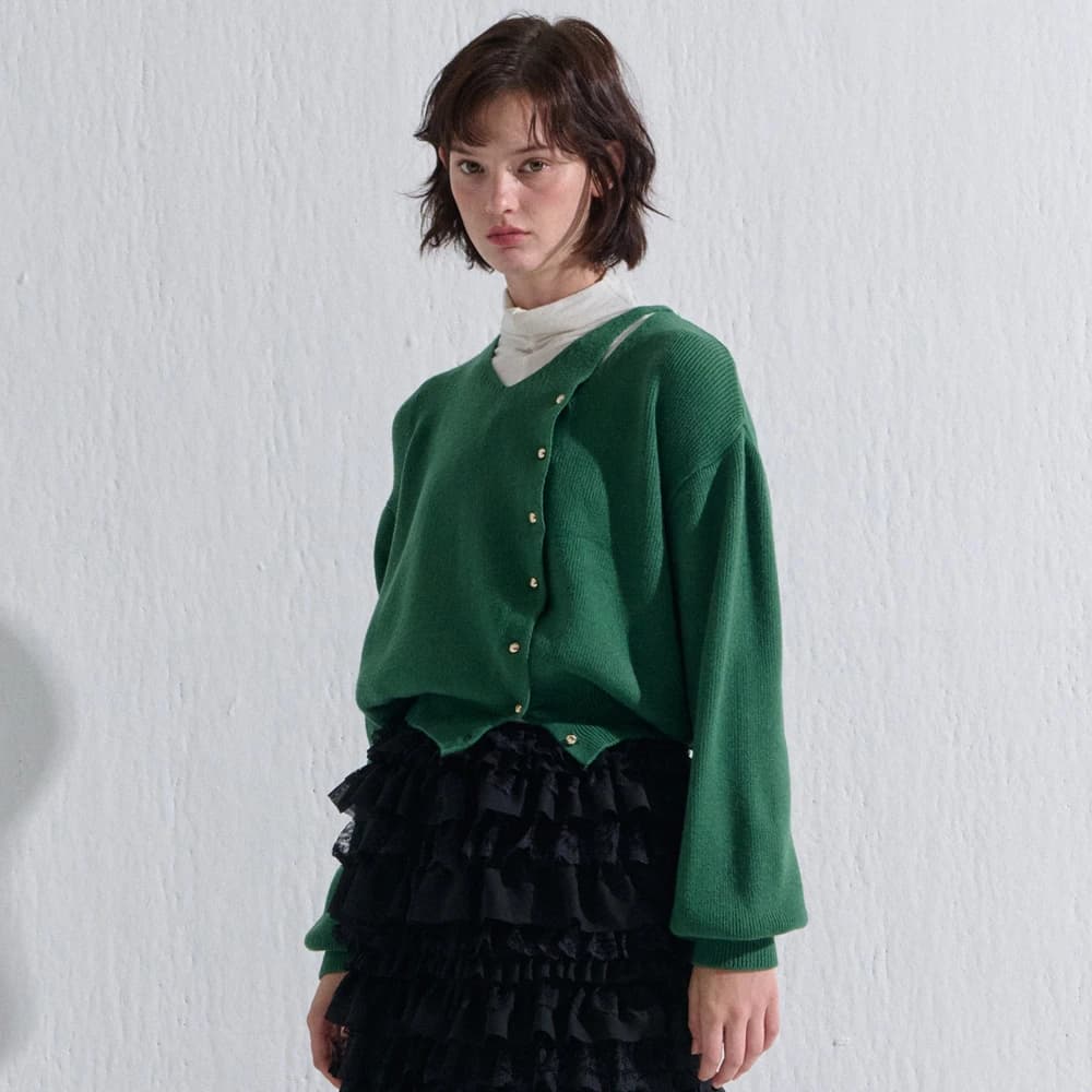 CUTTING V NECK KNIT CARDIGAN GREEN