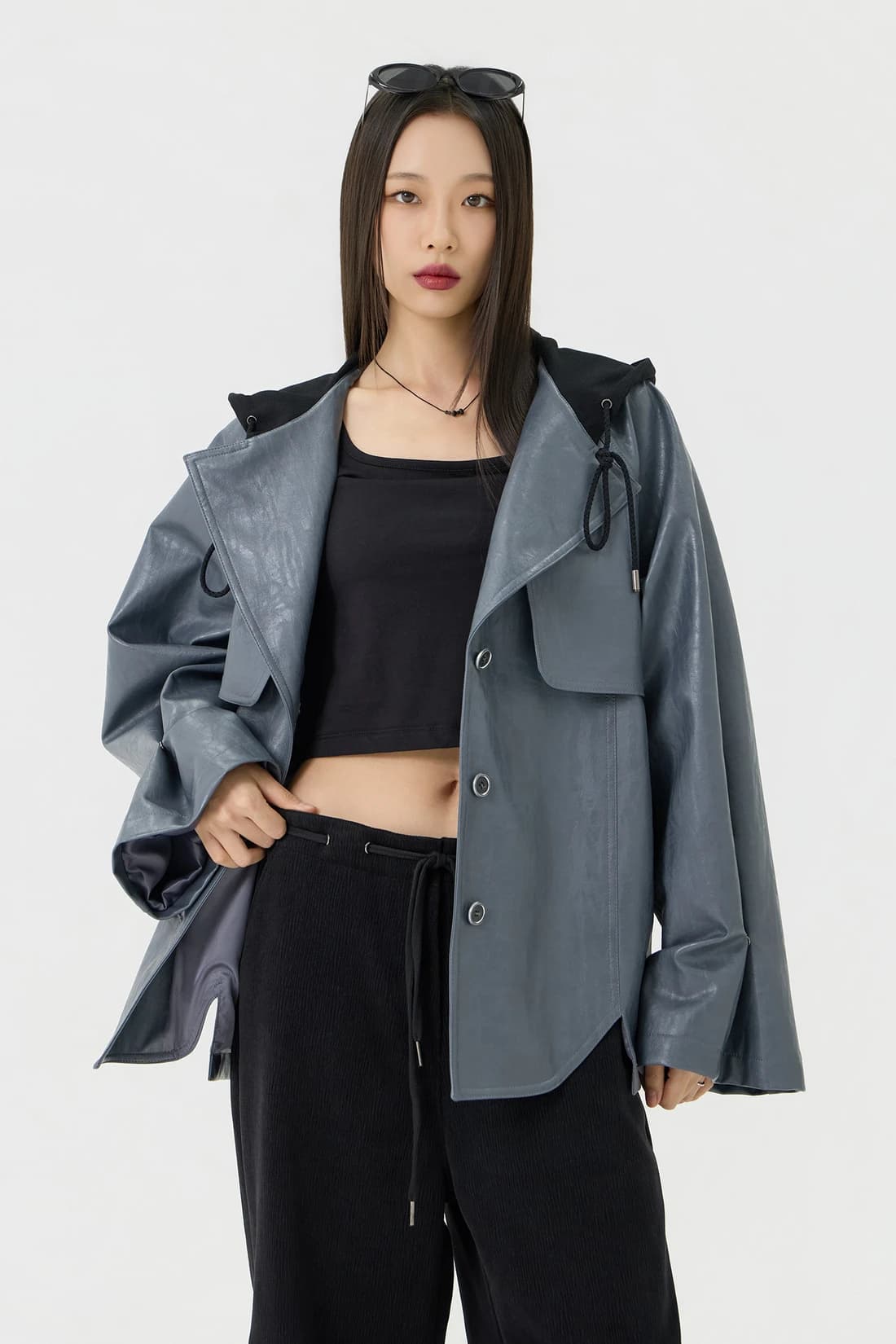 オーバーフィット トレンチ フーディーレザージャケット - Gray