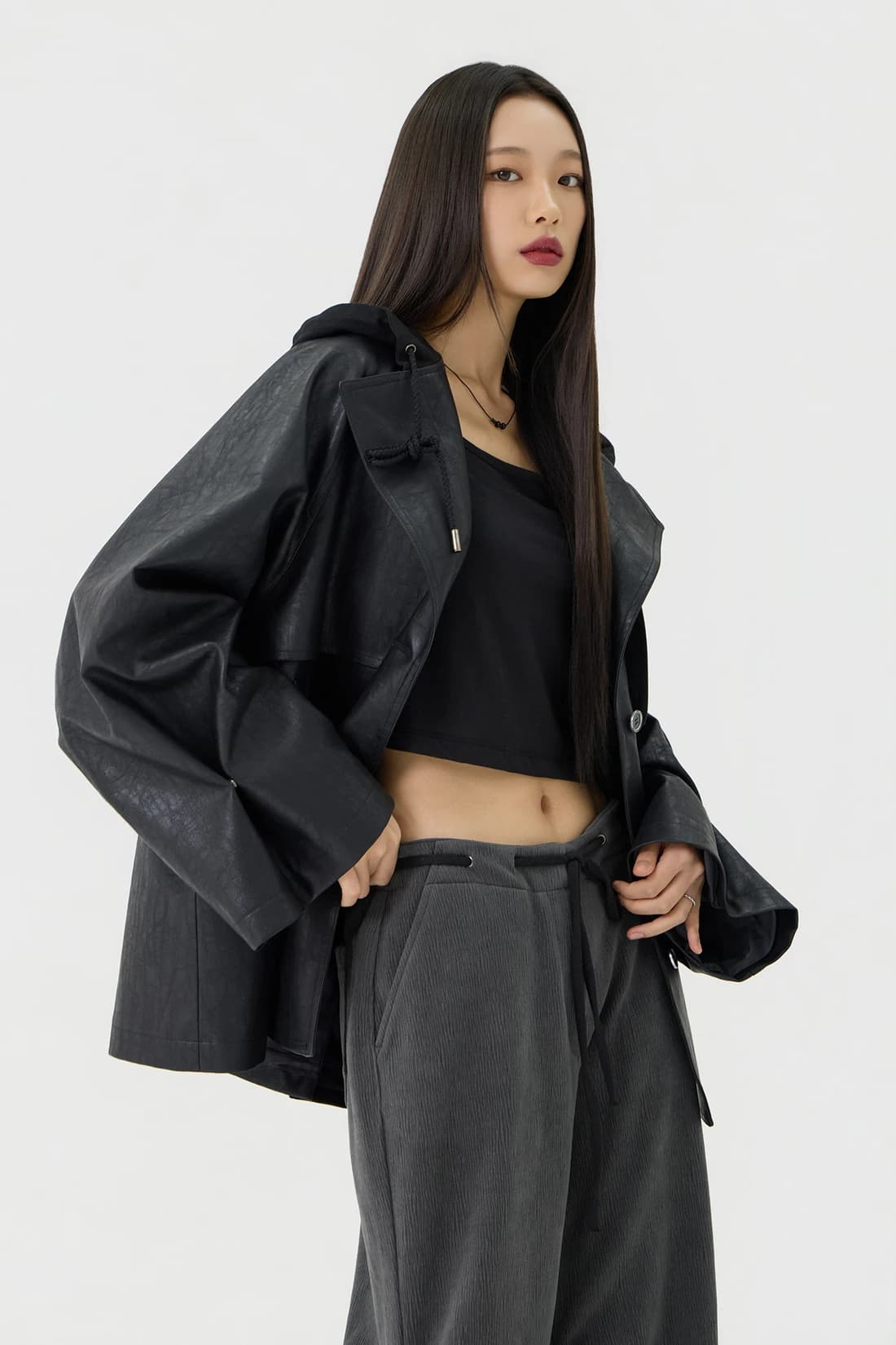 オーバーフィット トレンチ フーディーレザージャケット - Black