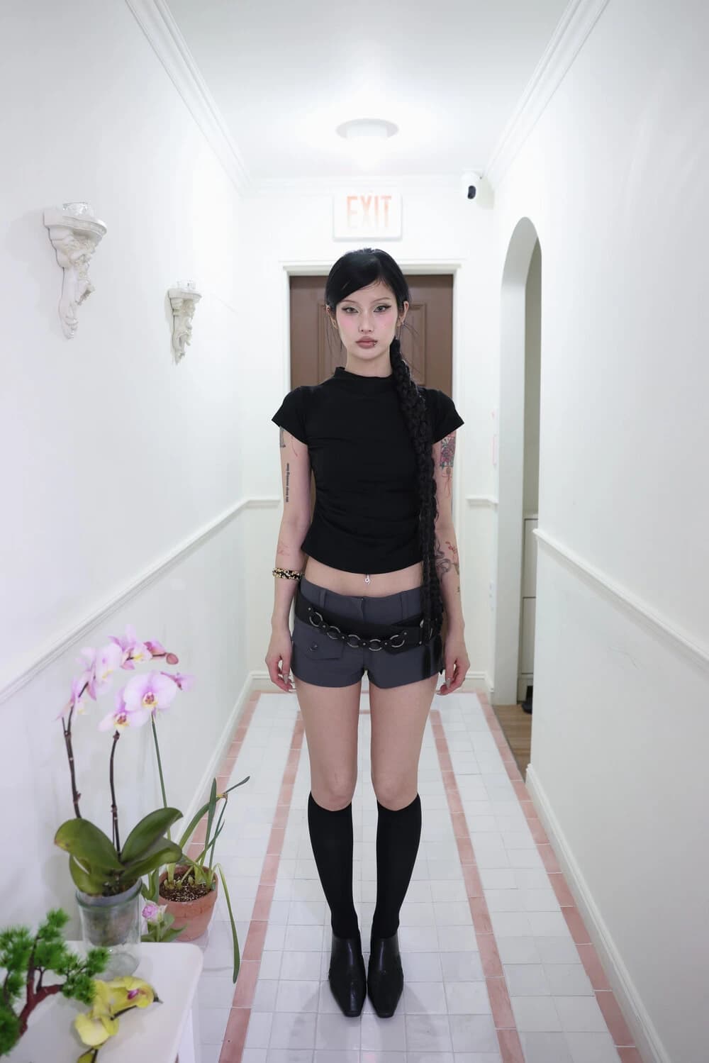 [Pink orchid house] Half neck shirring T