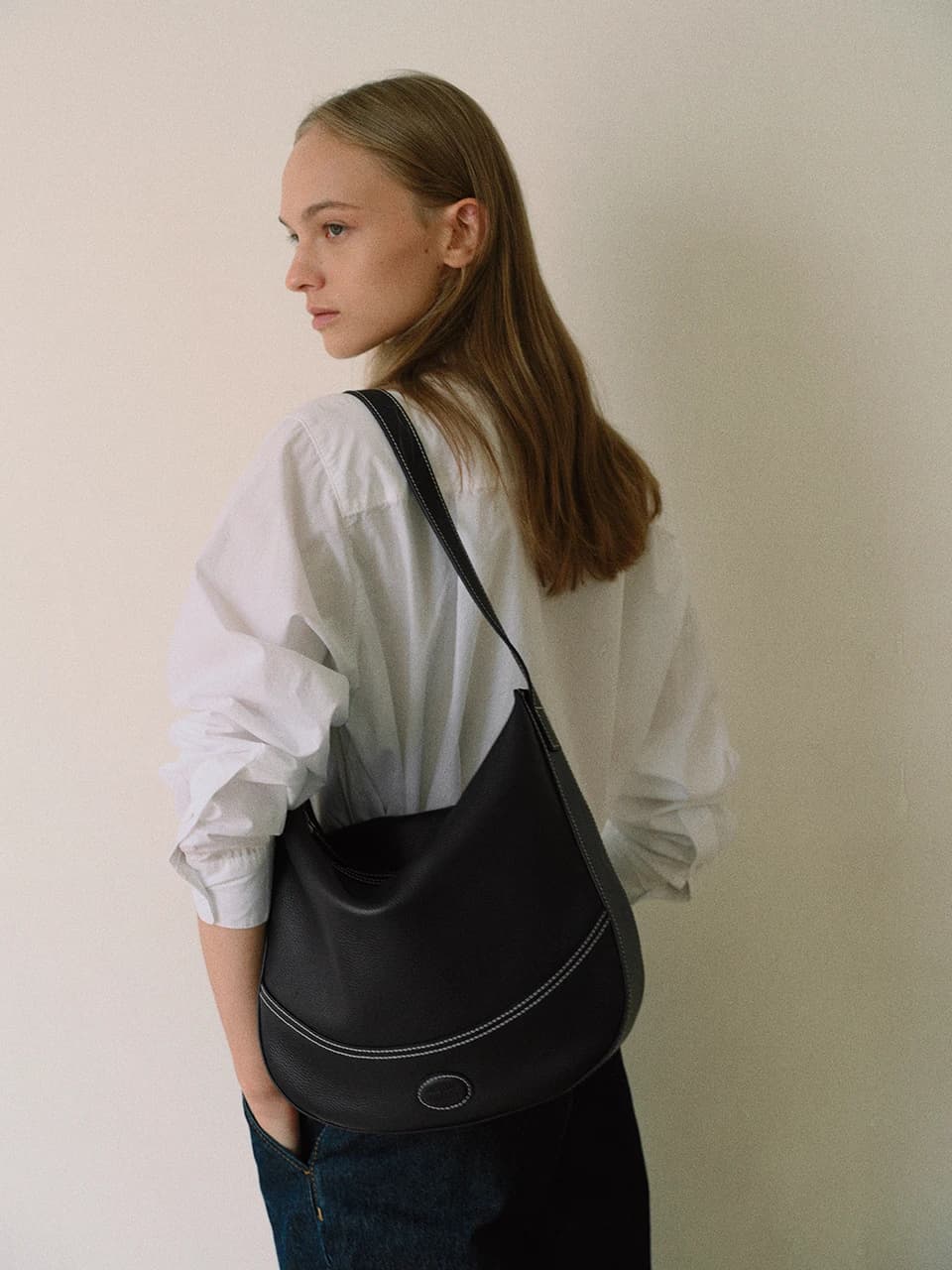 Soft leather half moon book bag Black