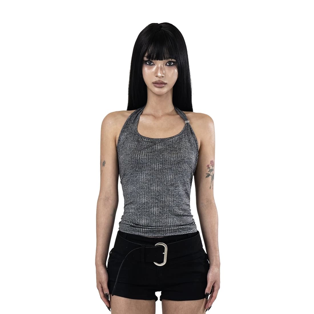 METALIC HALTER TOP CHARCOAL
