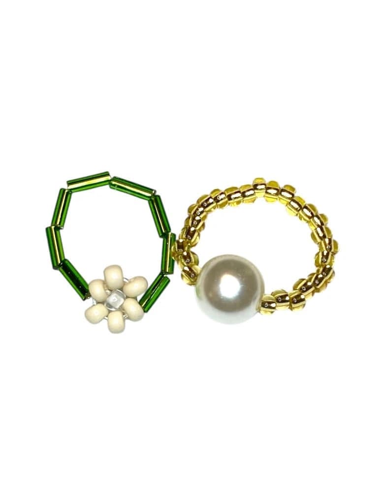 Flower & Pearl Beaded Ring Set (Green)
