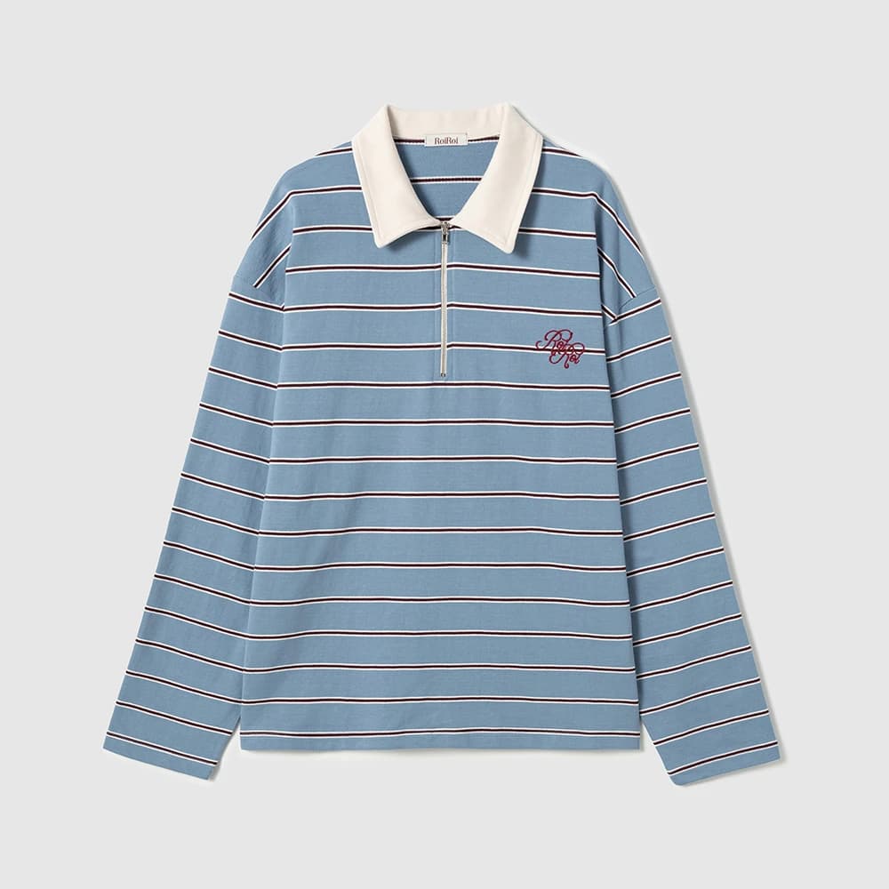 ストライプポロロングスリーブTシャツ - Blue
